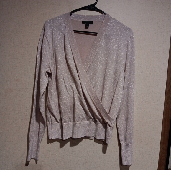 J. Crew Champagne Beige Shimmer Sparkle Faux Wrap Sweater M Lovely - Picture 2 of 4